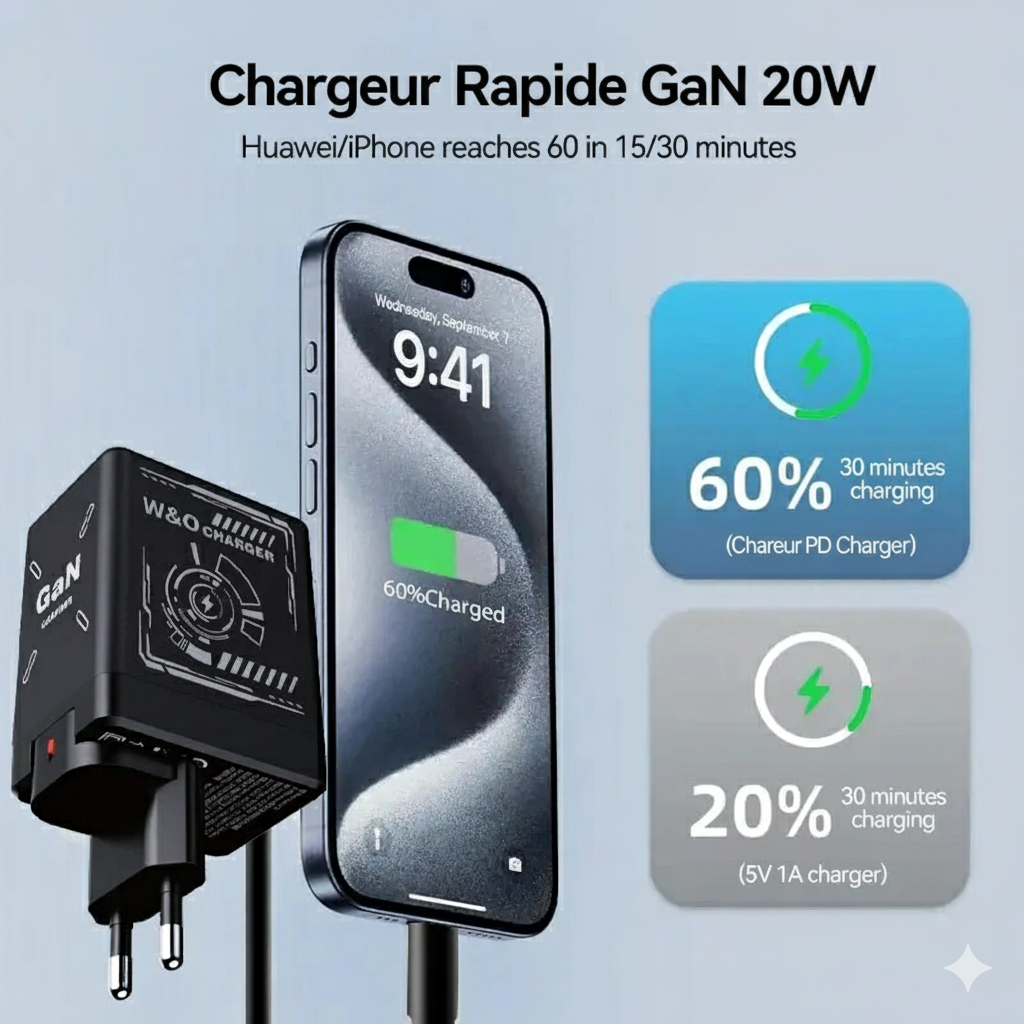 Chargeur rapide rétractable intelligent GaN 20 W – Double PD + USB