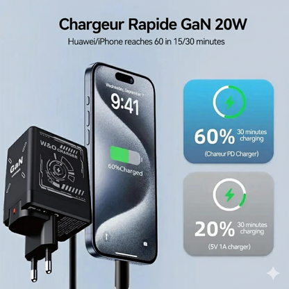 Chargeur rapide rétractable intelligent GaN 20 W – Double PD + USB