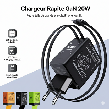 Chargeur rapide rétractable intelligent GaN 20 W – Double PD + USB