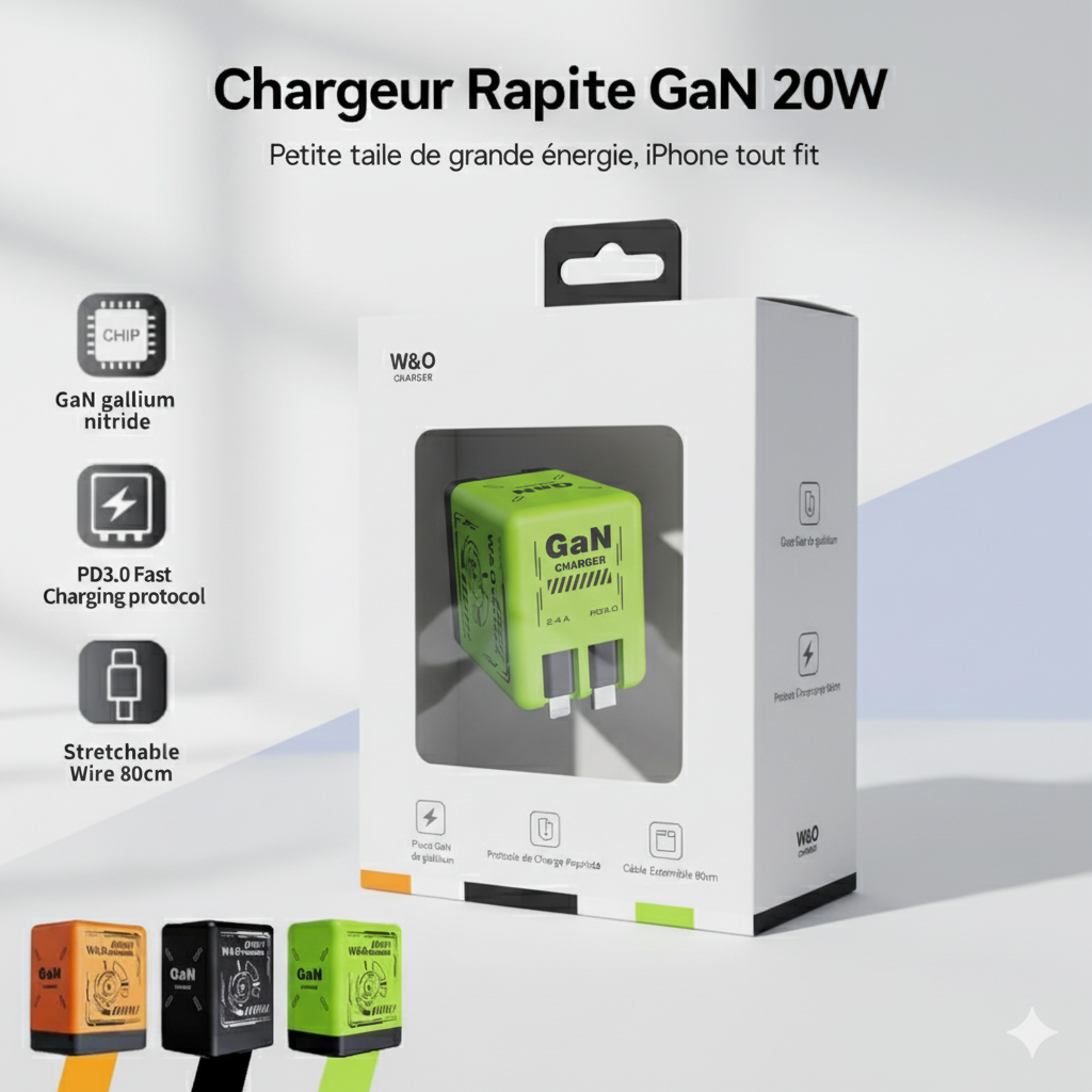 Chargeur rapide rétractable intelligent GaN 20 W – Double PD + USB